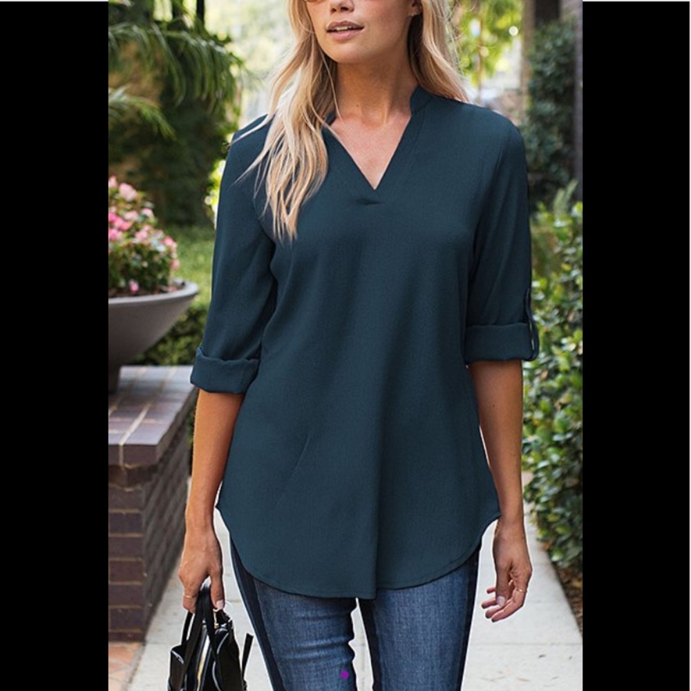 Dark Teal, V-Neck Tunic w/ Roll-Tab Sleeves, Large